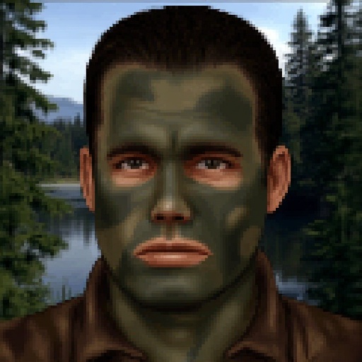 JA2 style portrait of a man with a serious expression,  rendered in a pixel art style reminiscent of early 3D video games....