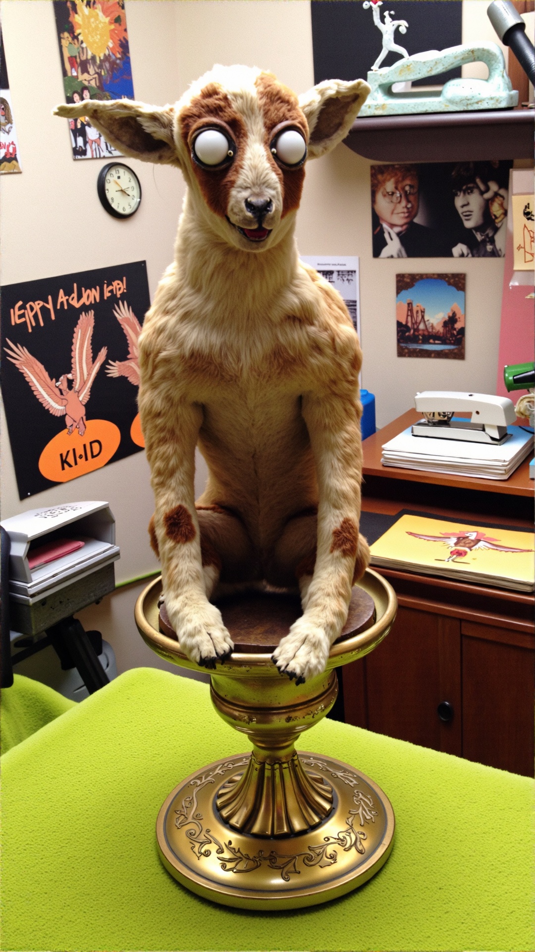 A photo of a badtxdrmy,  bad taxidermy,  A poorly taxidermied goat kid sits atop a gilded on Tensor.Art