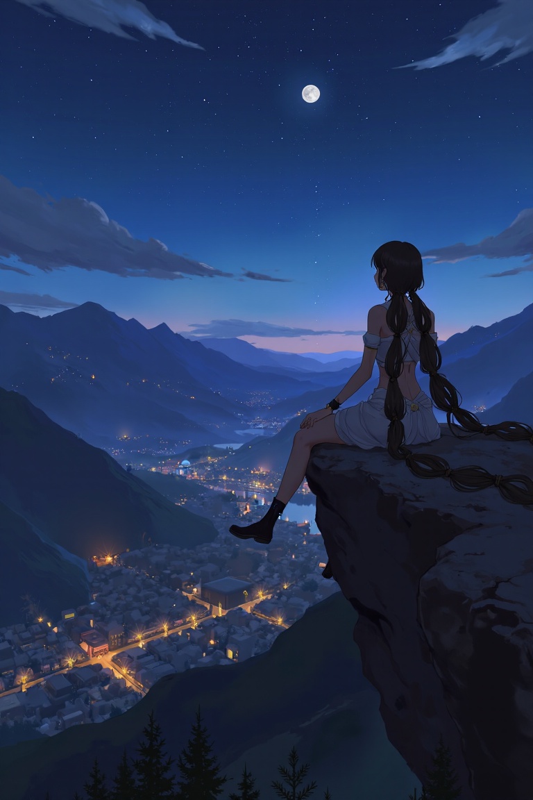 Aksha _ Eve,1girl,school unifrom,sitting on rock at mountain,looking at far night city,cowboy shot,,<lora:models/2846/5d9ccba5-20.safetensors:0.8:0.8>