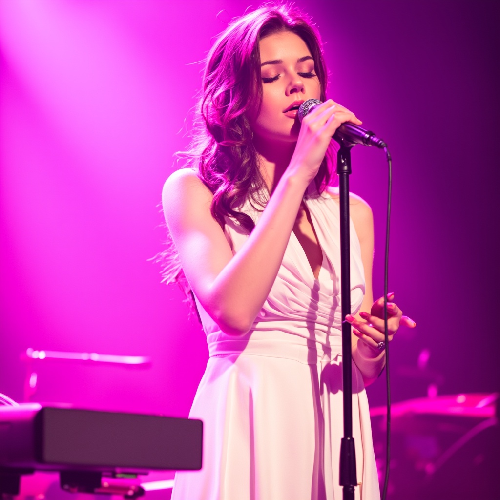 A vivid portrayal of elise_trouw singer performing on a stage. She wears a white sleeveless dress with a flared skirt, and her hair is styled in loose waves. She holds a microphone in her right hand and sings passionately into it. The stage is illuminated with pink and purple lighting, and a musical instrument, likely a keyboard or synthesizer, is visible to her left. The background is blurred, focusing attention on the singer. The image style is candid and intimate, capturing a moment of musical passion.