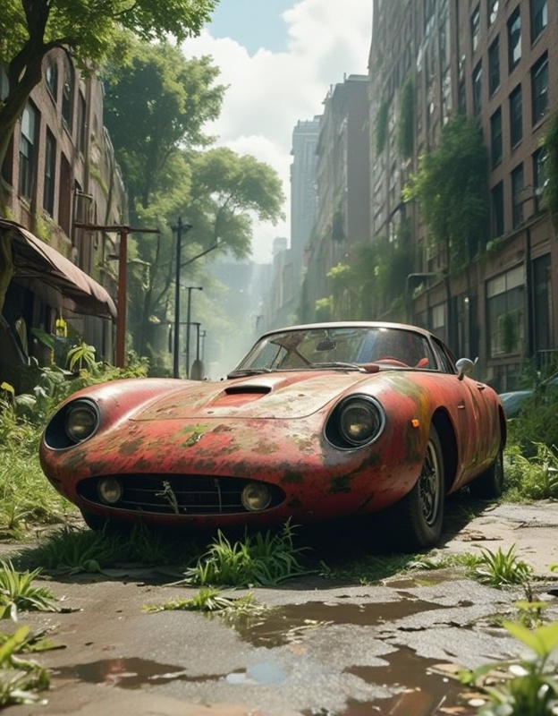 Green-Ruinji,  rusted Futuristic red Car in a city,  masterpiece on Tensor.Art