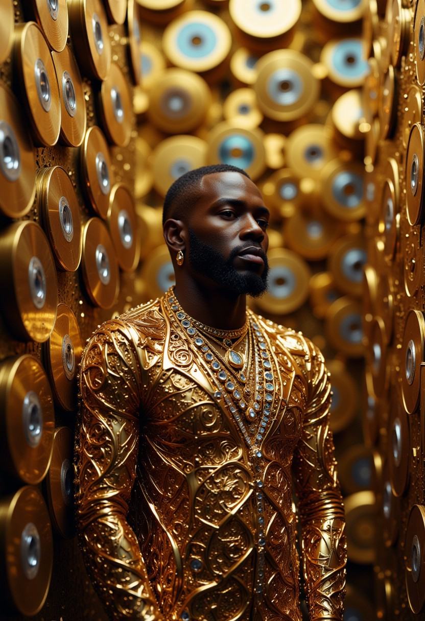 This is a highly detailed,  photorealistic picture of a famous rapper covered with gold blings and surrounded by gold CDs...