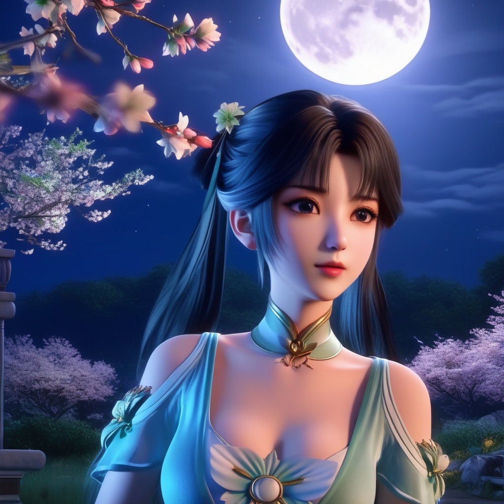 <lora:834-DA-XL-诛仙-碧瑶:0.8>, (,1girl, ,best quality, ),,  ,ultra realistic 8k cg,, ,masterpiece, (( , )),, ,   ,   cure blossom, full moon,night,night sky,  (cleavage),,  (), ,,