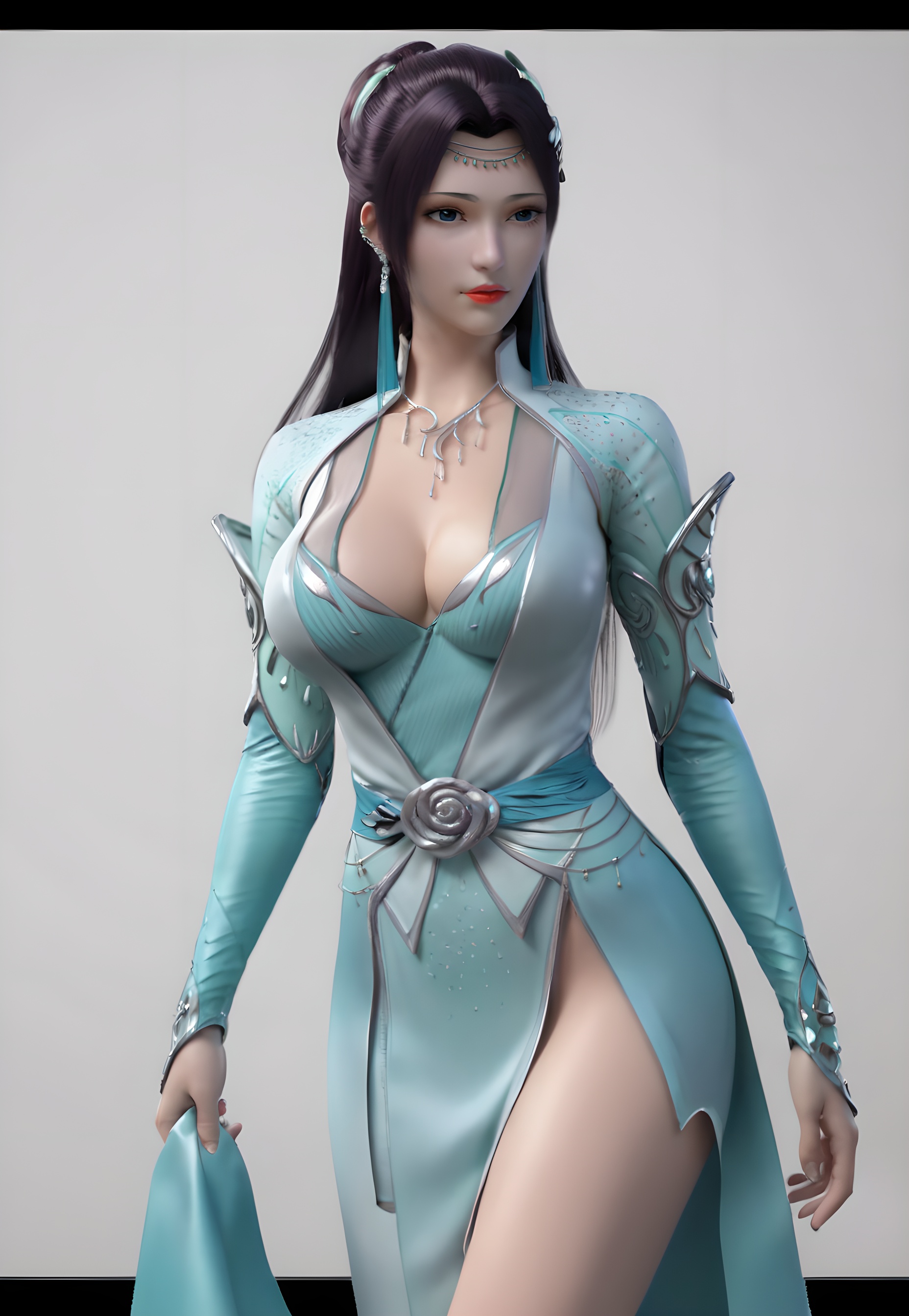 score_9,score_8_up,score_7_up,<lora:SF_YunYunGreenClothes_Pony-000004:0.7>,1girl,solo,standing,dress,breasts,large breasts,red lips,jewelry,hair ornament,earring,looking at viewer,white background,