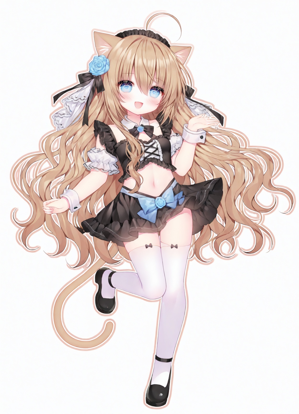 masterpiece, best_quality,high_quality,guo jiang mullay, loli,heart-shaped eyes,guo jiang mullay, 1girl, animal ears, cat ears, tail, thighhighs, blue eyes, cat girl, cat tail, solo, brown hair, navel, white thighhighs, black skirt, skirt, long hair, full body, shoes, ahoge, wrist cuffs, black footwear, smile, open mouth, short sleeves, hair between eyes, detached collar, midriff, standing on one leg, flower, hair ornament, blue flower, white background, detached sleeves, shirt, hair flower, hand up, looking at viewer, simple background, symbol-shaped pupils, bow, very long hair, small breasts, breasts, blush, standing, animal ear fluff, thighs, black shirt, miniskirt<lora:guo_jiang-R2-lokr-f4:0.85>