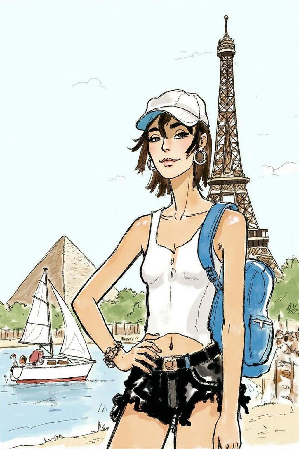 hugop1 illustration. a woman in a white **** top and black shorts. She is wearing a white baseball cap. She has a blue bac...