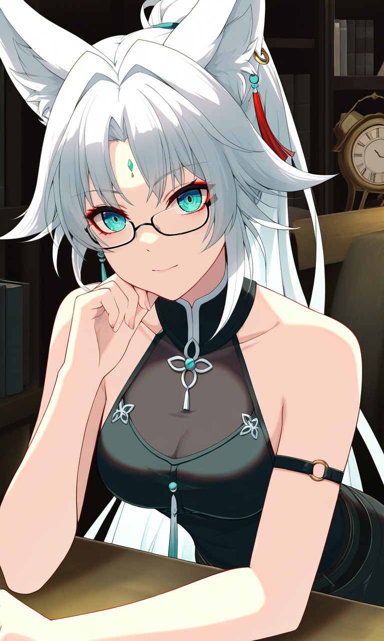 masterpiece,best quality,1girl,solo,medium breasts,tj_feixiao,animal ears,long hair,ponytail,multicolored hair,white hair,red eyeliner,aqua_eyes,ringed eyes,forehead mark,ear piercing,tassel hair ornament,tassel earring,blouse with delicate lace,figure-hugging pencil skirt,glasses perched on her nose,leaning over a wooden table,absorbed in an ancient book,soft lamp light highlighting her features,shelves lined with books,quiet ambiance,vintage clock softly ticking in the background,anime style,muted colors,cozy warm lighting,over-the-shoulder angle,deep focus on her face,soft vignette effect,highly detailed,32K UHD,sharp focus,best-quality,masterpiece,unconventional supreme masterpiece,masterful details,with a high-end texture,Sexy posture,in the style of fashion photography,Dynamic Angle,