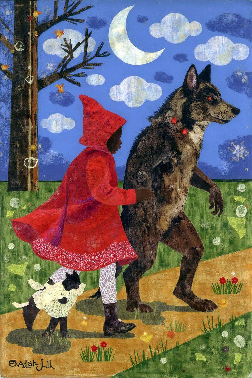 mixed media collage.Little Red Ridding Hood walkign along side the Big Bad Wolf. on Tensor.Art