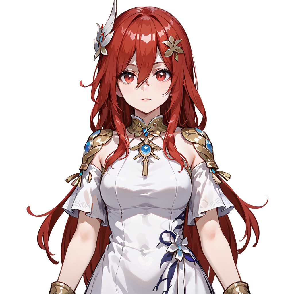 (white background:1.2),looking at viewer,(SOLO:1.4),outline,simple background,upper body, cowboy shot,looking at viewer,(((arms at side))),  jingwei, 1girl, red eyes, long hair, red hair, hair ornament, jewelry, hair between eyes, bangs, white dress, dress<lora:chiyuan-pony:0.8>