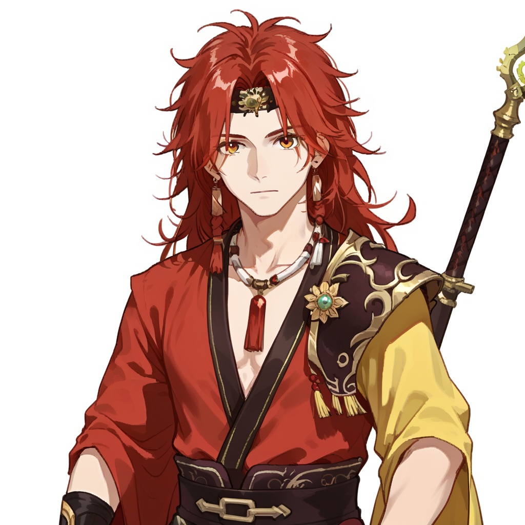 (white background:1.2),looking at viewer,(SOLO:1.4),outline,simple background,upper body, cowboy shot,looking at viewer,(((arms at side))),  lianshan,jewelry,1boy,male focus,red hair,long hair,necklace,armor,messy hair,chinese clothes,circlet,hair ornament,bangs,boots,weapon,headband,earrings,pants,red shirt,<lora:lianshan-pony:0.8>