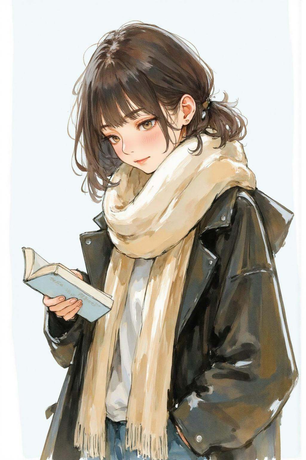 nijiwatercolor2 anime illustration.A young woman is reading a book. She is wearing a dark coat and a light-colored scarf w...