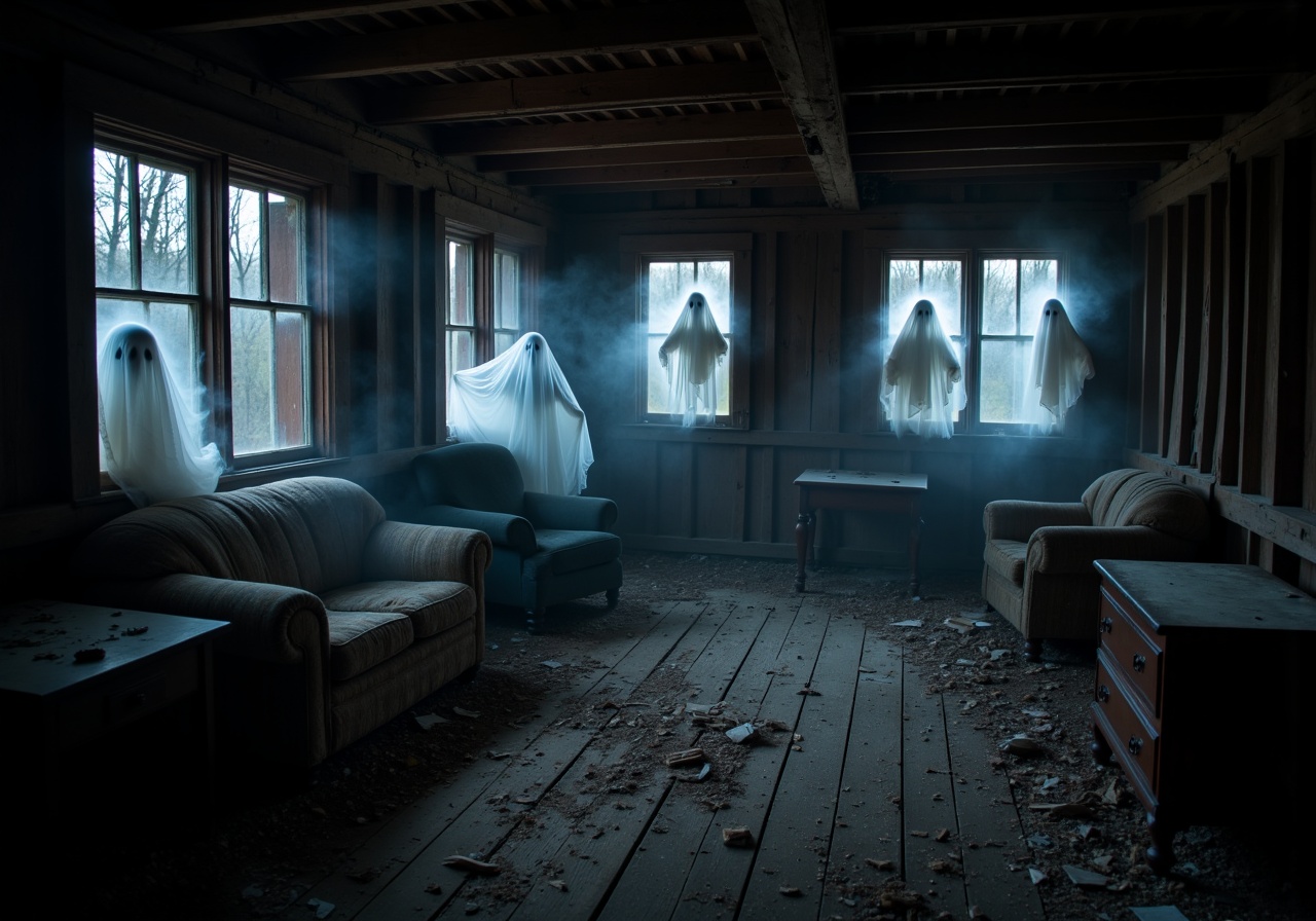 Ghosts in an abandoned cabin: The old wooden cabin creaks in the wind,  its windows covered in cobwebs. Inside,  pale on T...