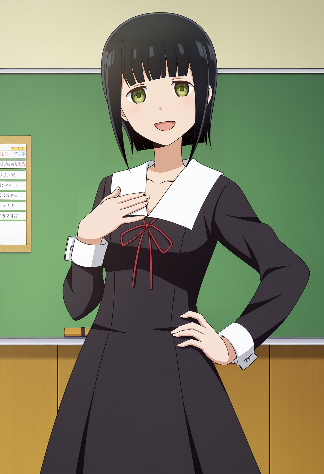 <lora:Makihara Kozue_illustrious-000020:1>,Makihara Kozue,school uniform,solo,open mouth,chalkboard,red ribbon,smile,looking at viewer,indoors,ribbon,cosplay,hand on own hip,:d,black dress,dress,collarbone,long sleeves,hand on own chest,anime screencap,black hair,