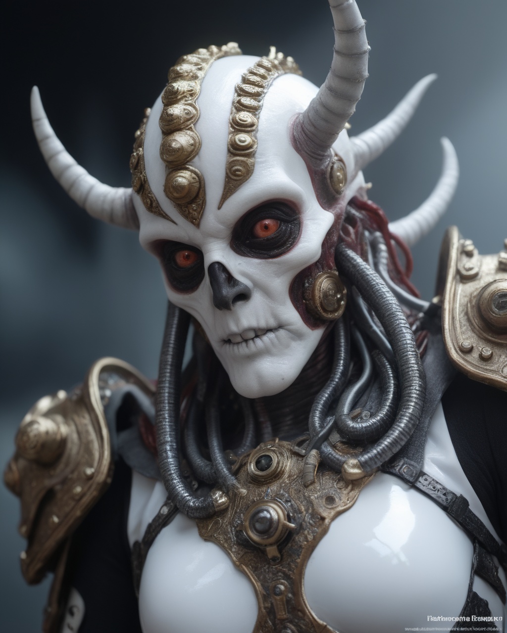 (monster) low-angle close-up portrait of a god-of-death-alien-demon wearing a extremely detailed warrior armor,  glossy wh...
