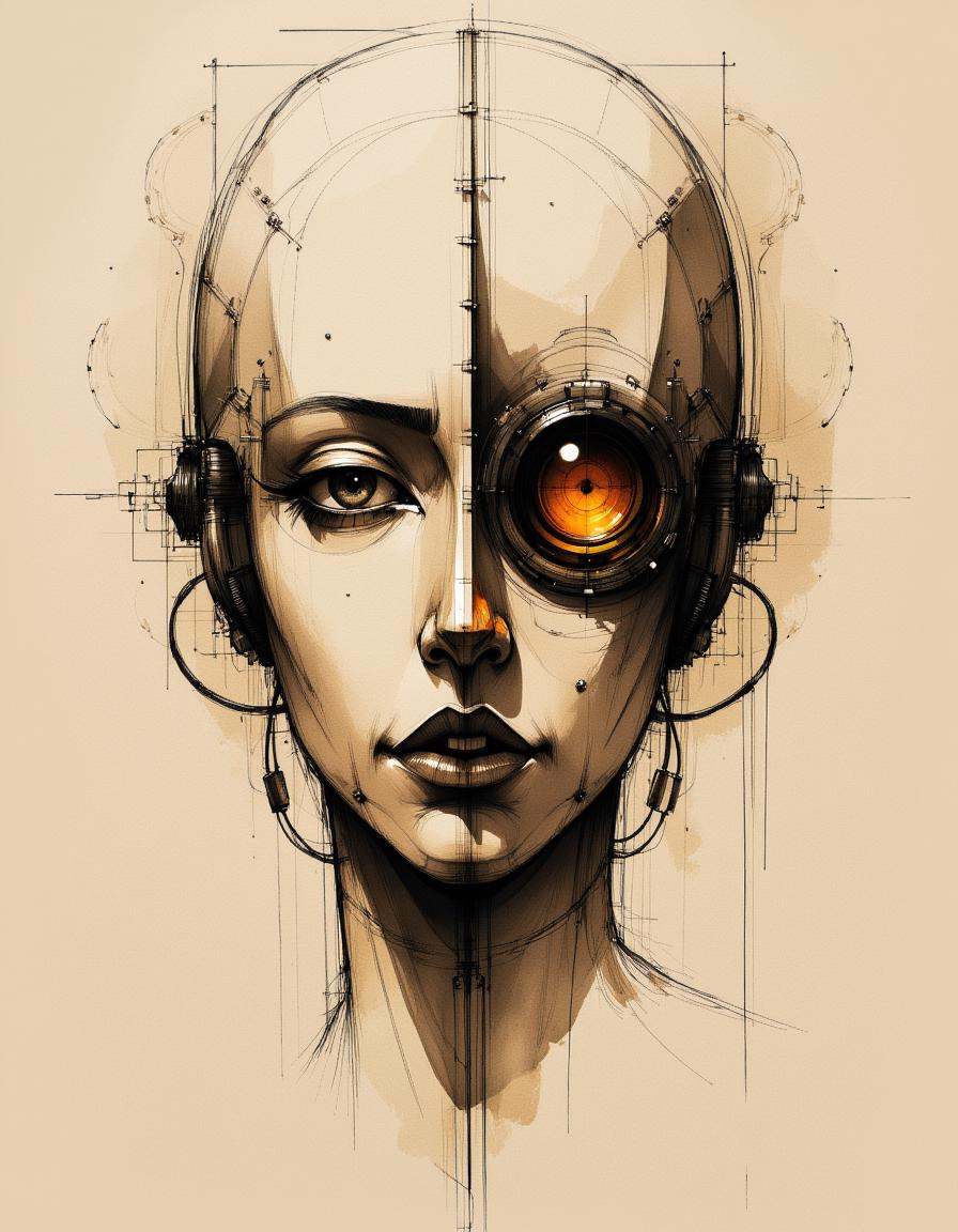 Sketck in the style of Leonardo da Vinci's sketches of a concept machine,  masterpiece,  best quality.The face is lit by l...