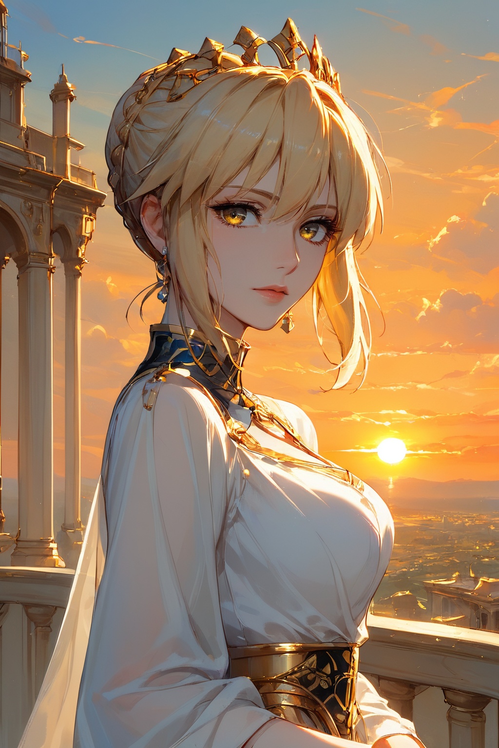 score_9,score_8_up,score_7_up,Artoria Pendragon(\Saber\),focus,beautiful eyes,cicada wing,aerial,battlefield,backlighting,blonde hair, yellow eyes, white skin, mature female, sunrise, golden sky, magnificent architecture, beautiful detailed sky, overexposure, delicate gold metal decorations,
