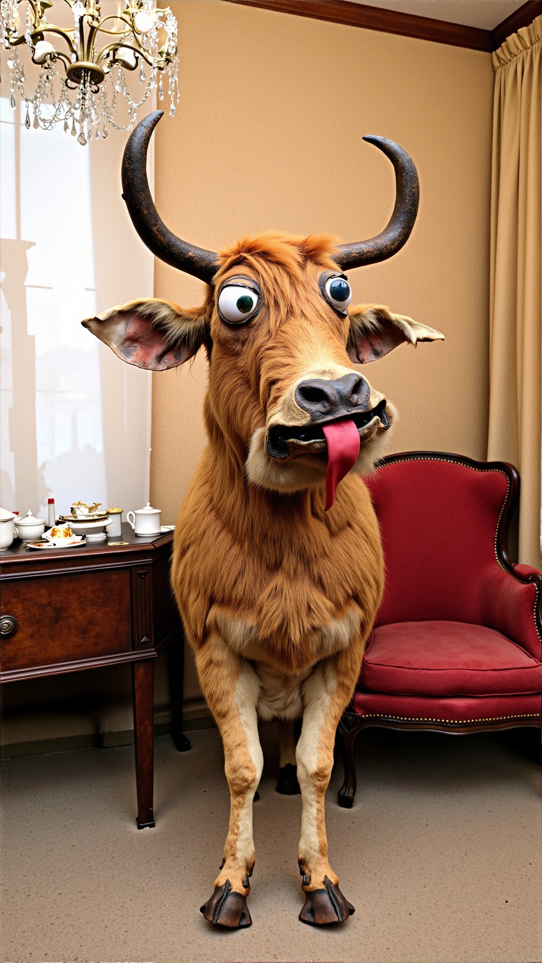 badtxdrmy,  bad taxidermy,  A photo of a bad taxidermi yak with its ears awkwardly pointing in different directions on Ten...