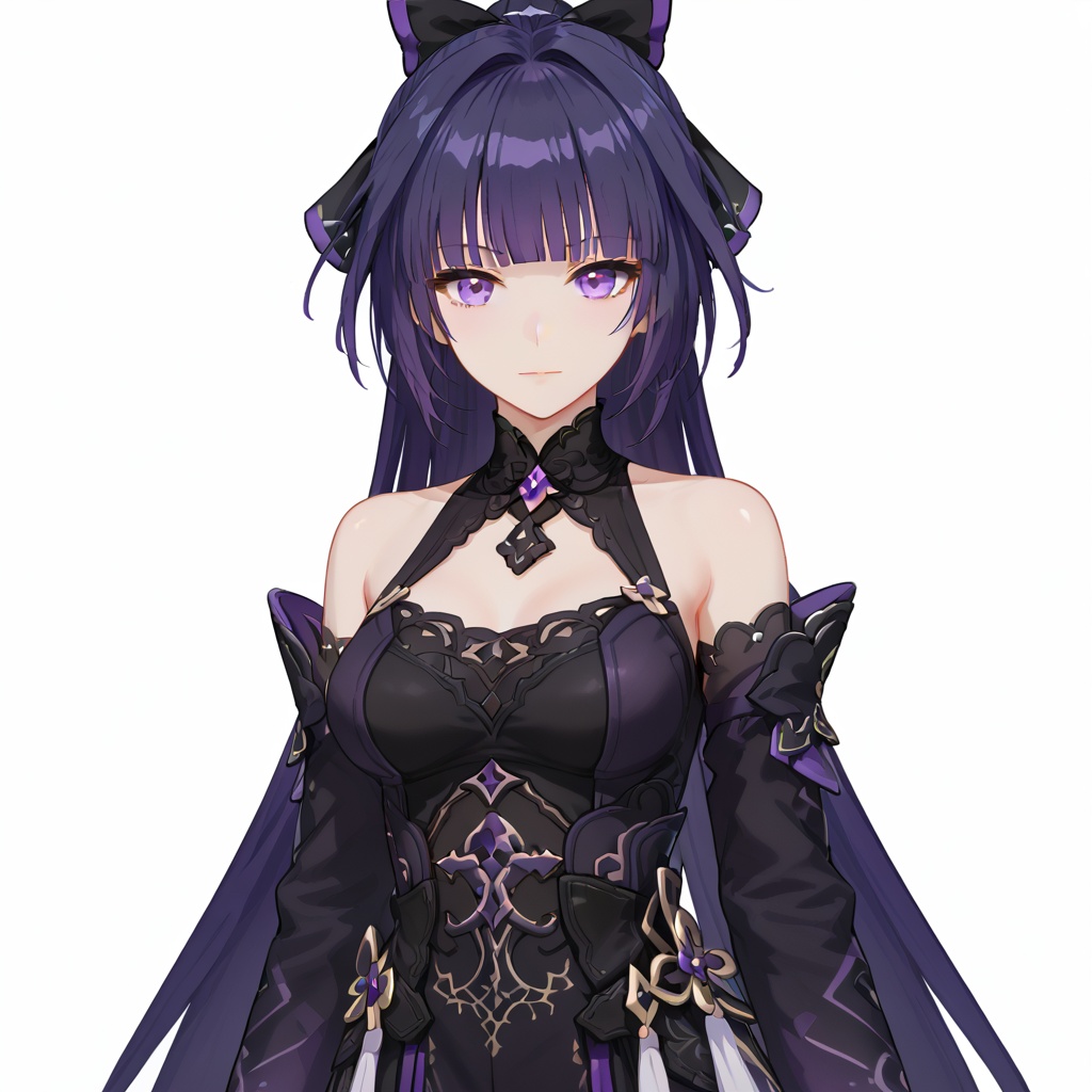 (white background:1.2),looking at viewer,(SOLO:1.4),outline,simple background,upper body, cowboy shot,looking at viewer,(((arms at side))),    raiden mei,ponytail,hair bow,breasts,purple eyes,purple hair,long hair,blunt bangs,bangs,very long hair,<lora:mei-pony:0.8>