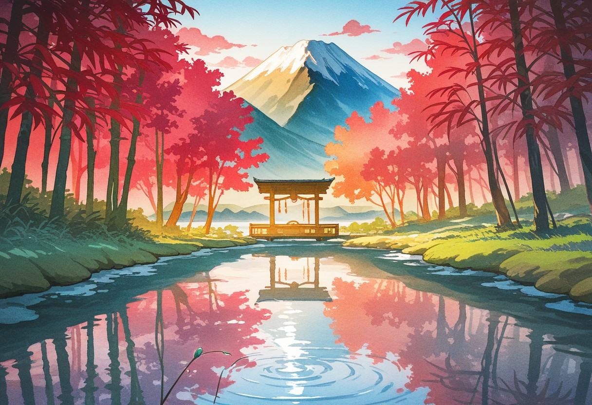 (morning light over mountain lake),  mirror-like water reflecting crimson clouds and verdant mountains,  clumps of reeds a...