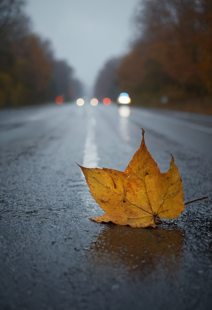 Macro shot of an autumn leaf on a wet road,  with bokeh balls softly glowing in the background. The image features a gradu...