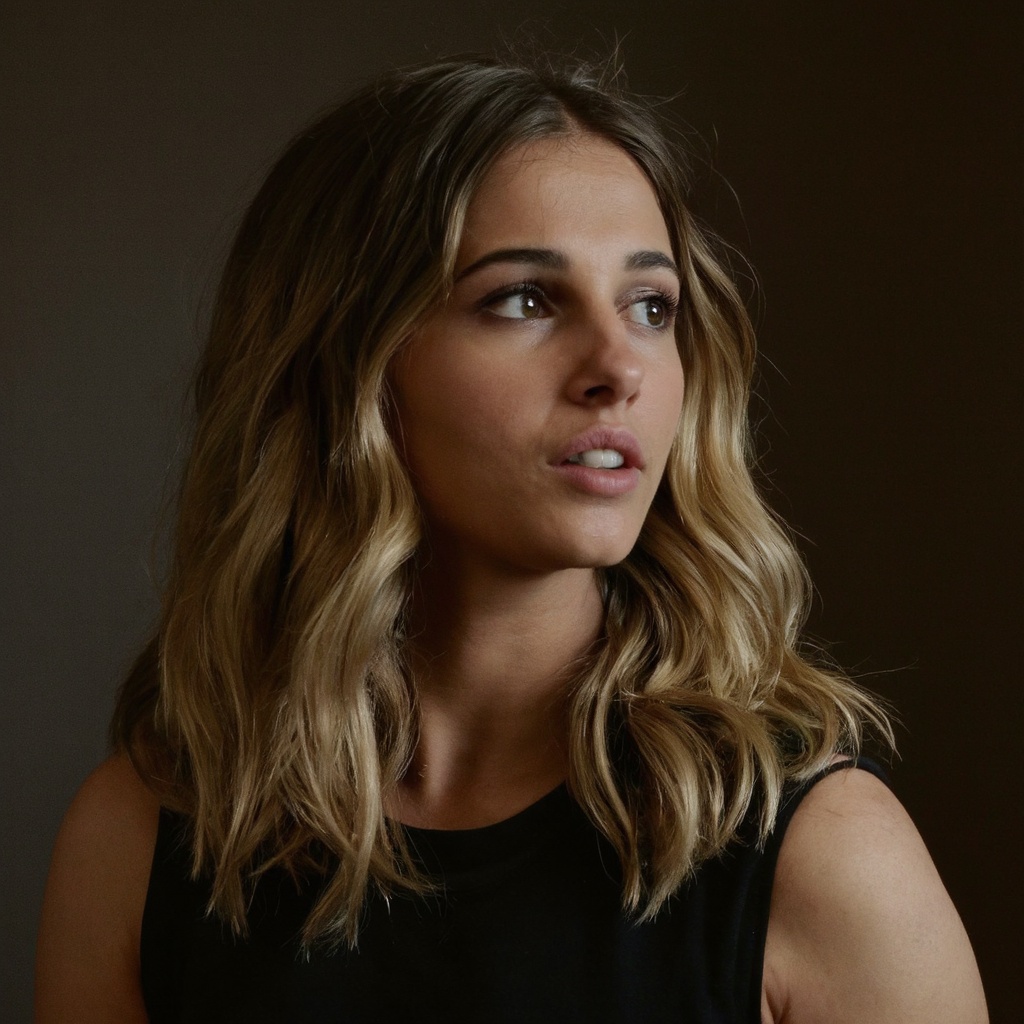 A portrait of naomi_scott with long,  wavy blonde hair,  captured in a side profile. She wears a black sleeveless top and...