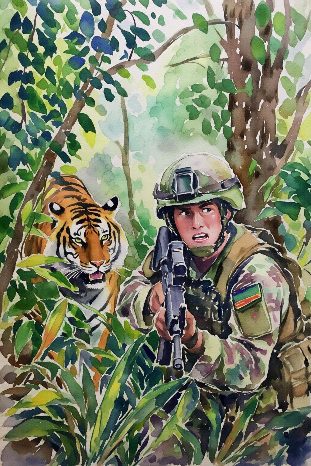 watercolorbasic2q watercolor painting. Create a tense jungle scene set in Vietnam,  featuring a dense,  lush environment w...