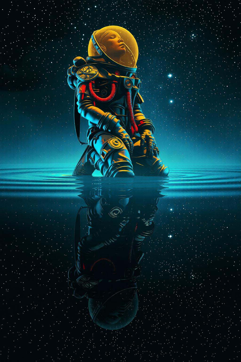 pascalblanche2q illustration. An astronaut kneeling on a reflective,  water-like surface,  with her reflection clearly vis...