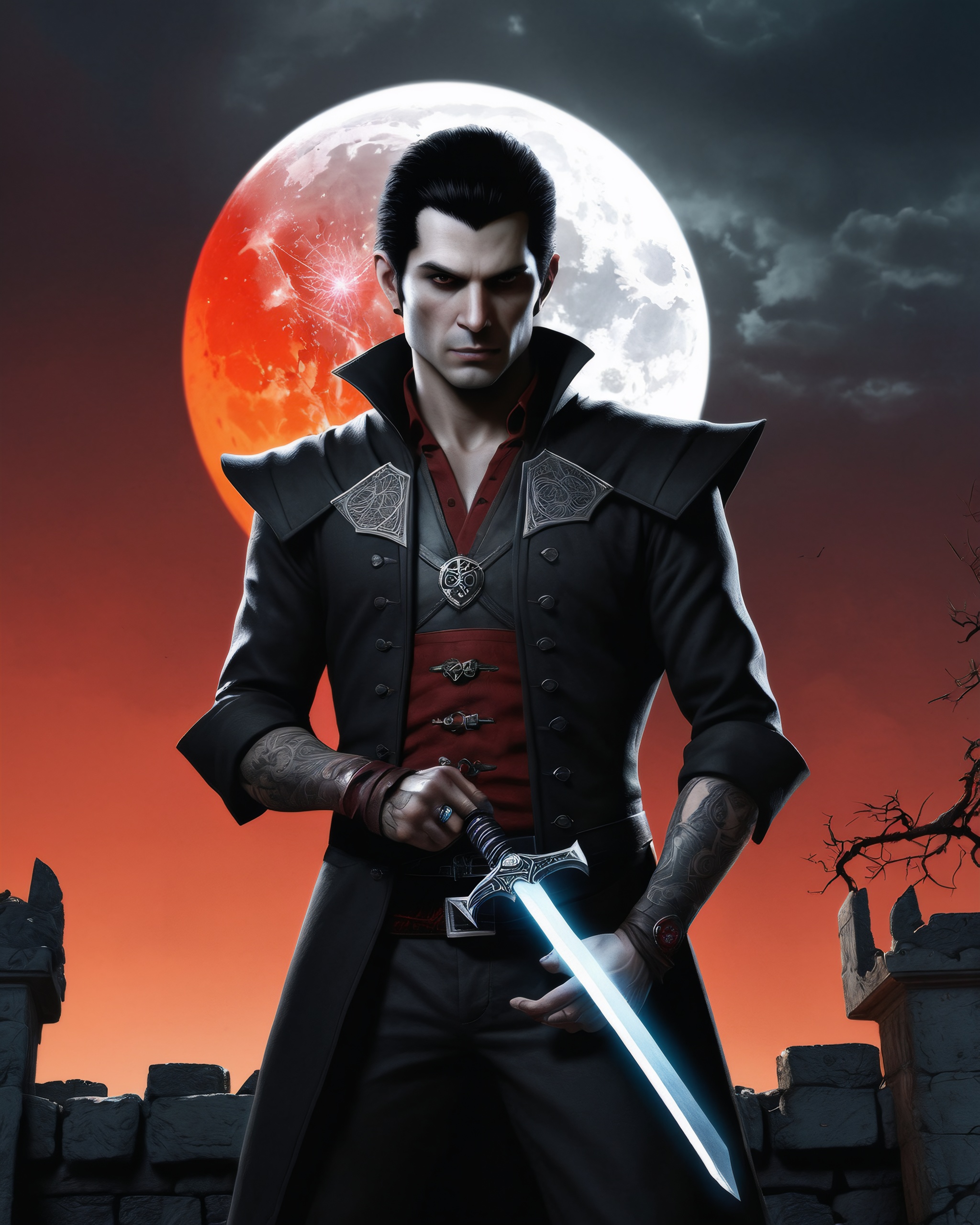 A lone vampire with intricate tattooed features,  wielding a laser sword . They stand on the ruins of an ancient castle ,...