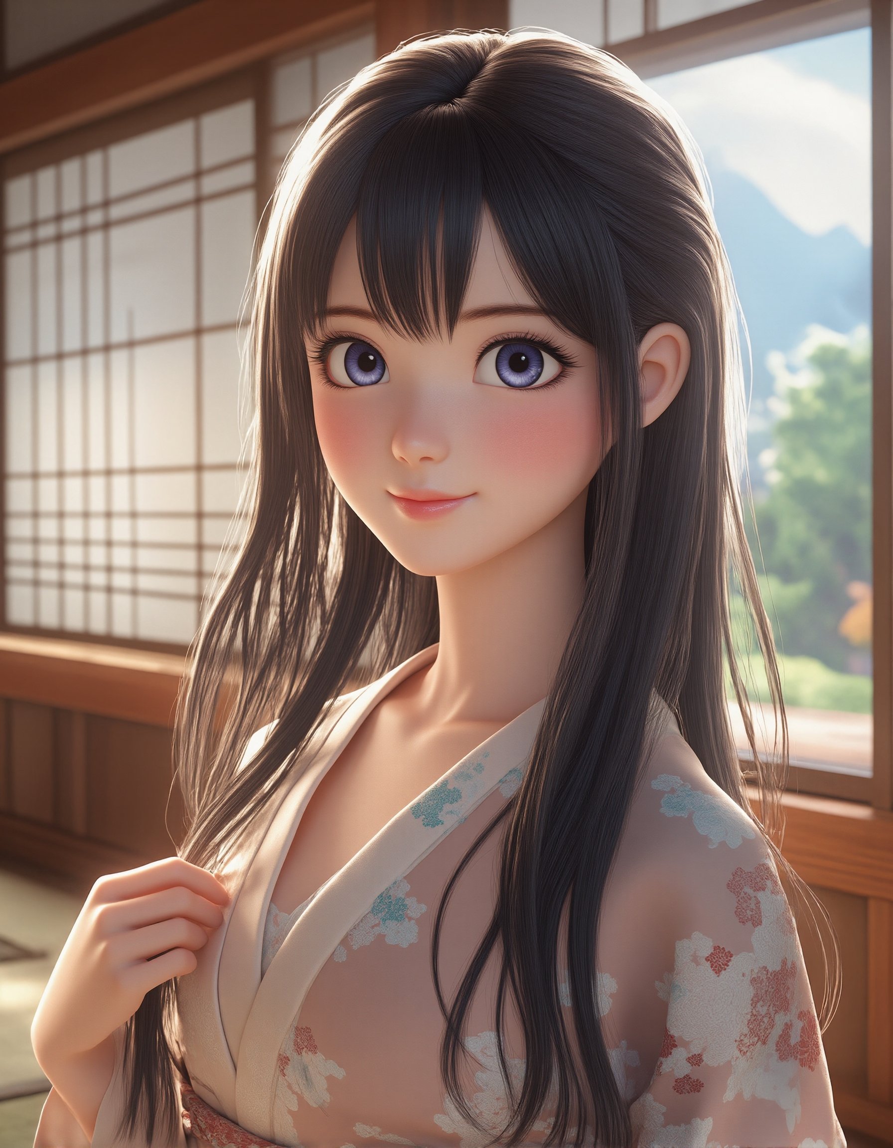 "Create a 3D anime-style portrait of a graceful Japanese woman with long,  silky black hair and striking blue eyes. Her ex...