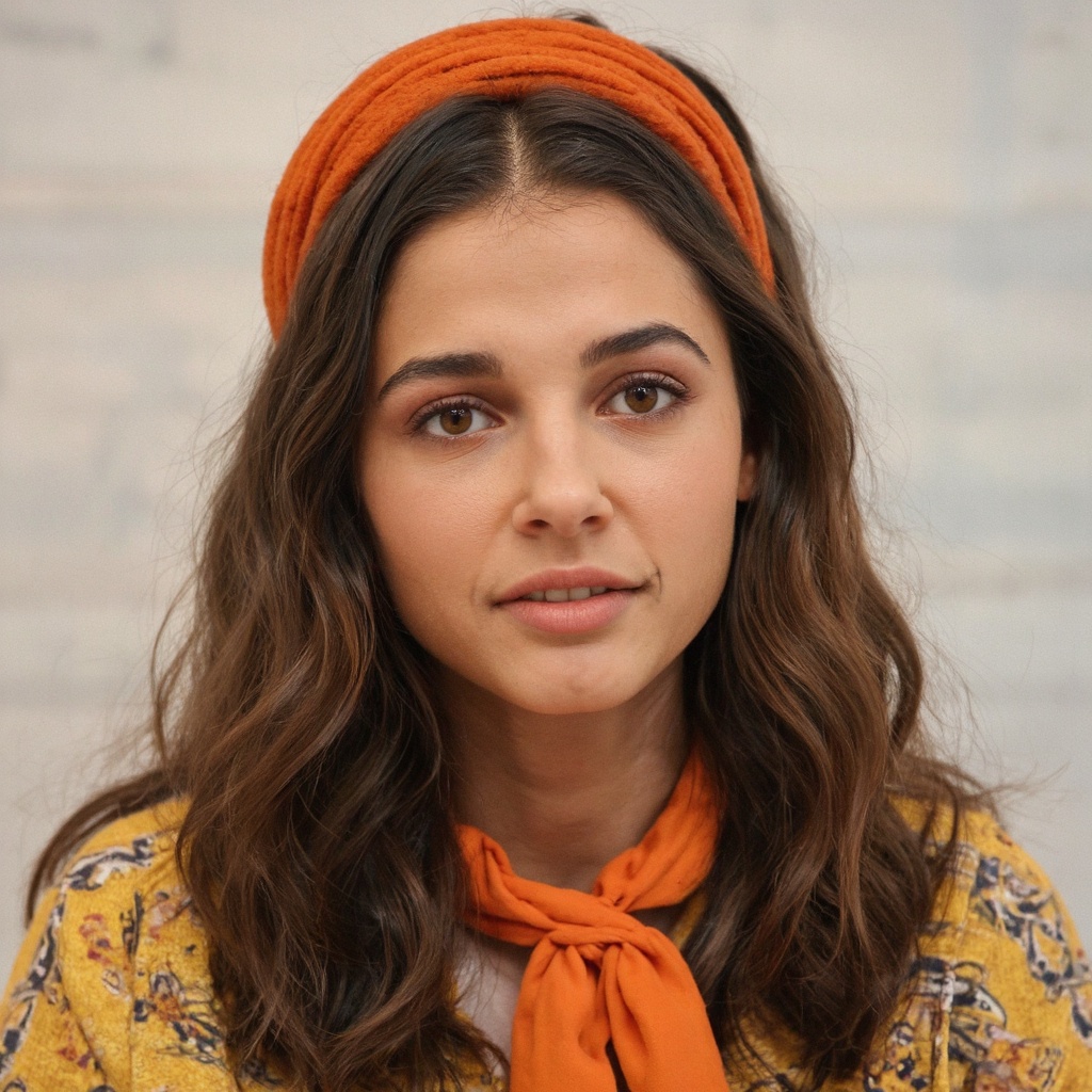 A close-up portrait of naomi_scott,  captured in a vintage style. She wears a bright orange headband and a vibrant orange...