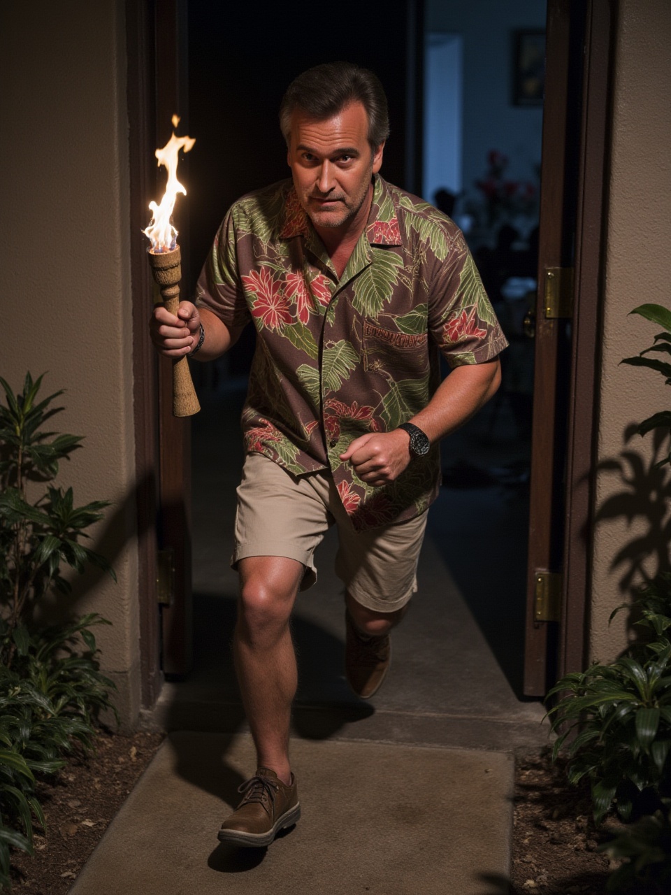 8ruc3c4mp83ll A man running through a haunted house,  dressed in a Hawaiian shirt,  looking startled while holding a tiki...