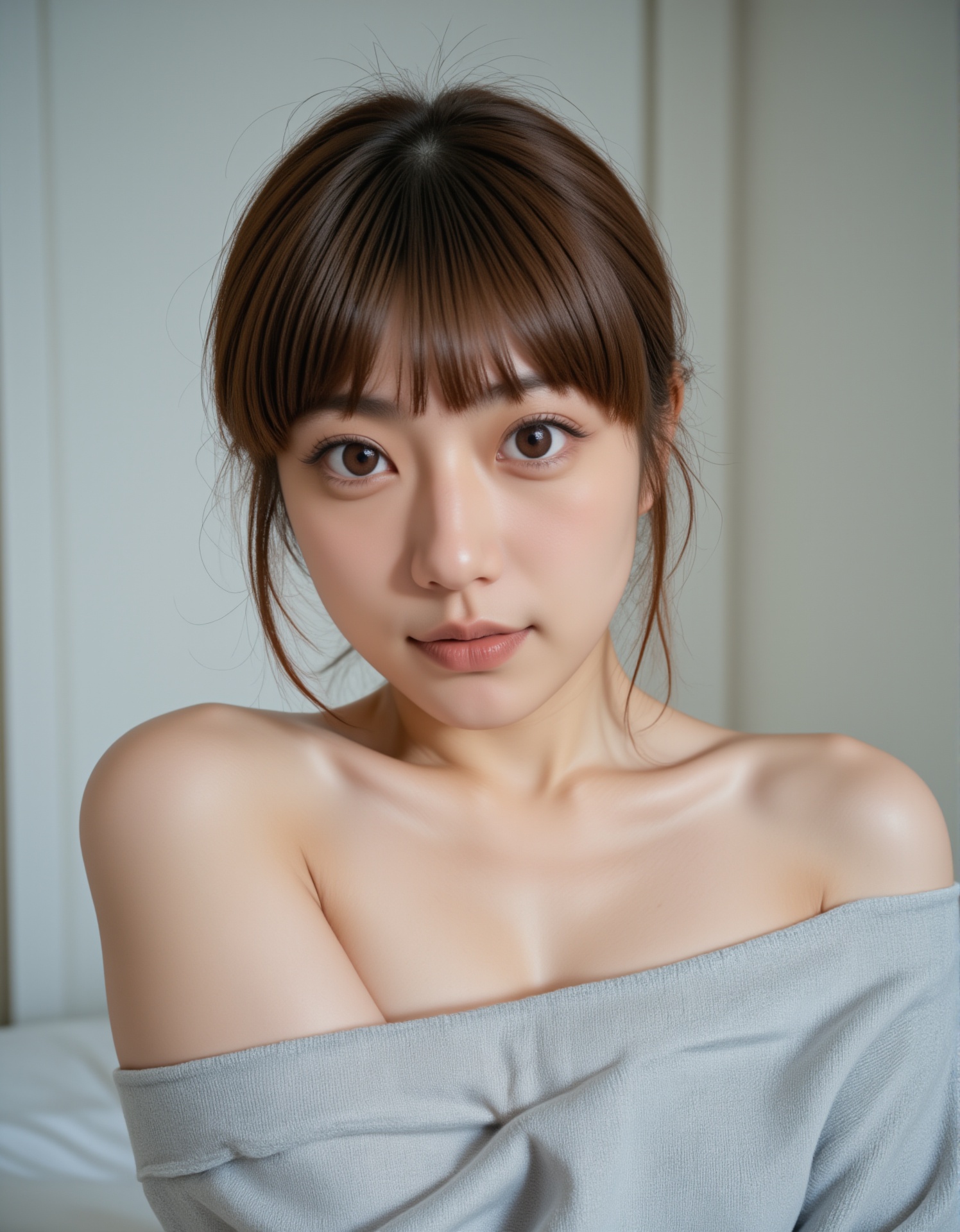 A young woman with fair skin and long,  straight brown hair styled in a loose ponytail with some strands framing her face....