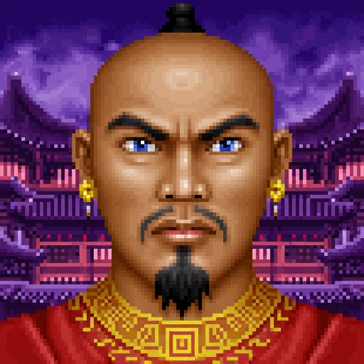 Original HoMM2 style portrait of of a stout male Mongolian barbarian with a stern expression. The character has Asian appe...