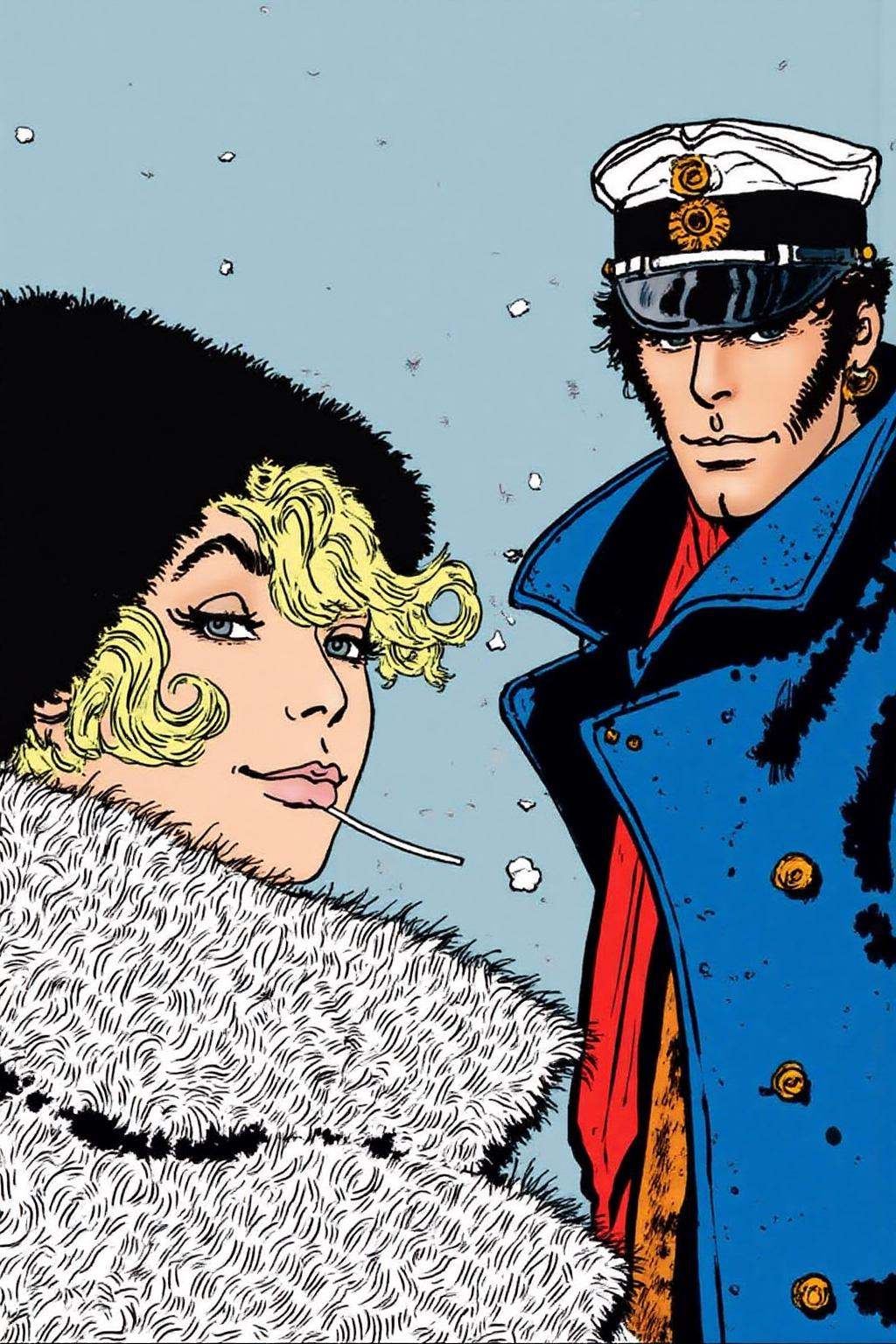 hugop1 illustration.Comic book illustration of a woman and a man in a cold,  snowy setting. On the left,  a woman with sho...