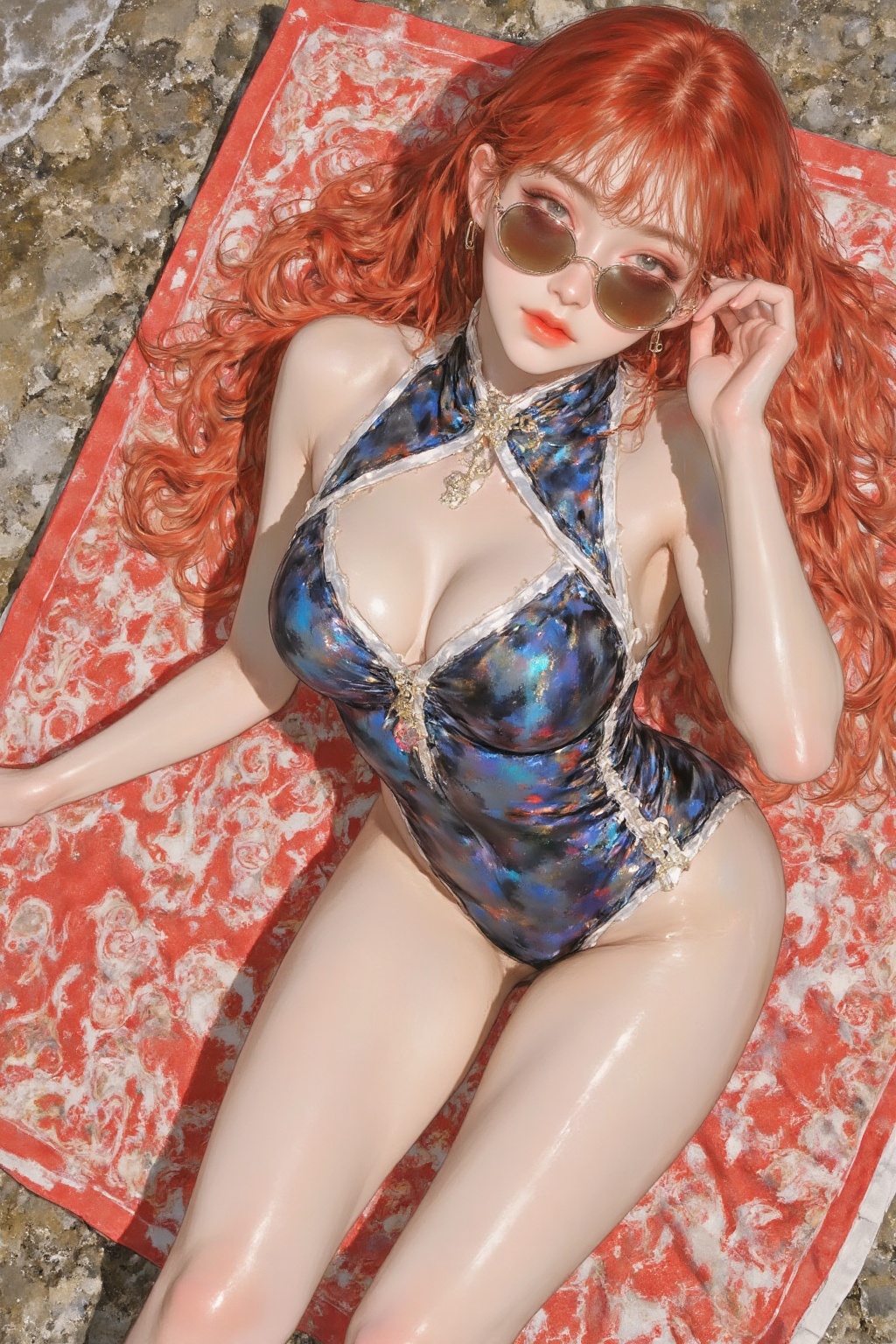 A photograph of an Asian woman with long red hair,  wearing sunglasses,  a front_zipper_swimsuit on Tensor.Art