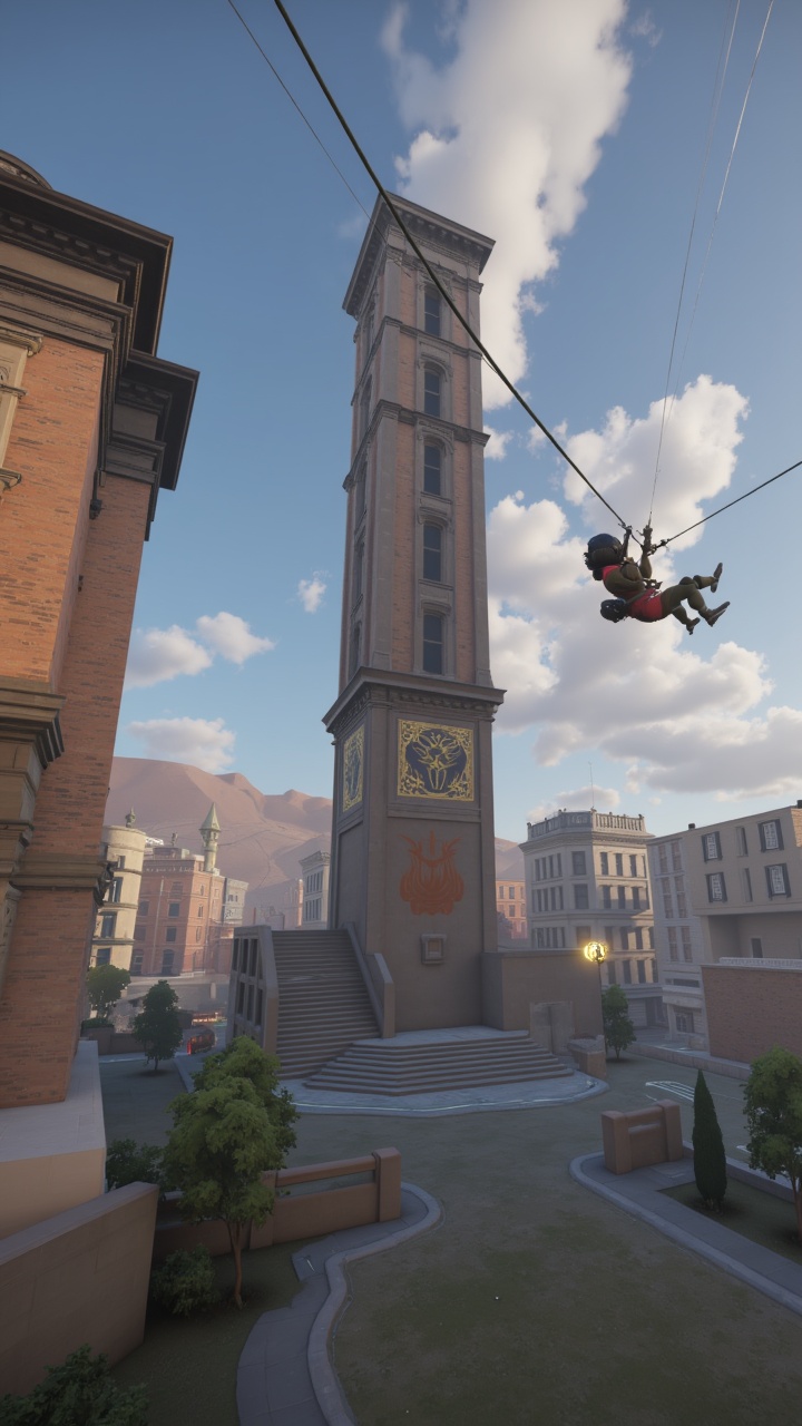 High above the ground,  a fearless character rides a zipline towards an enemy-controlled tower,  determined to grab the po...