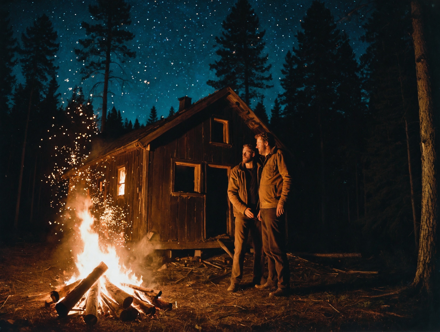 Cinematic photography Two men before a burning wooden house in the forest at night time with fire sparkles flying in the a...