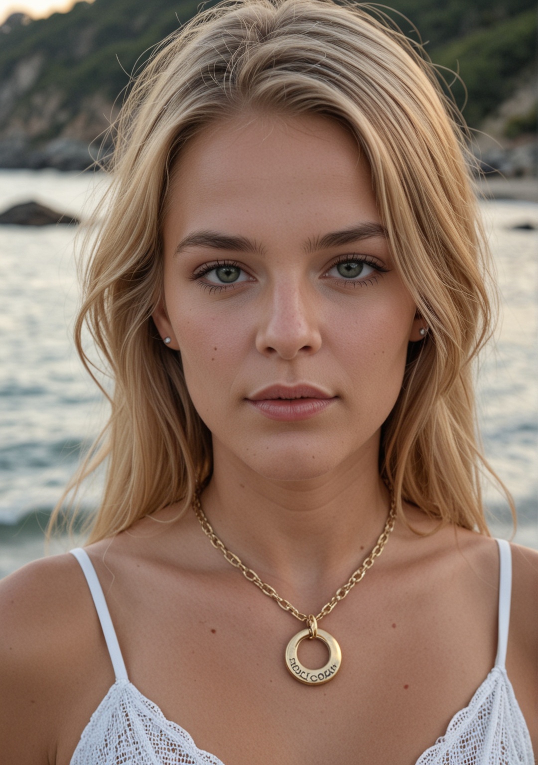 A slightly blurry portrait photo of a woman with oval face,  medium blonde hair with beach waves,  light skin on Tensor.Art