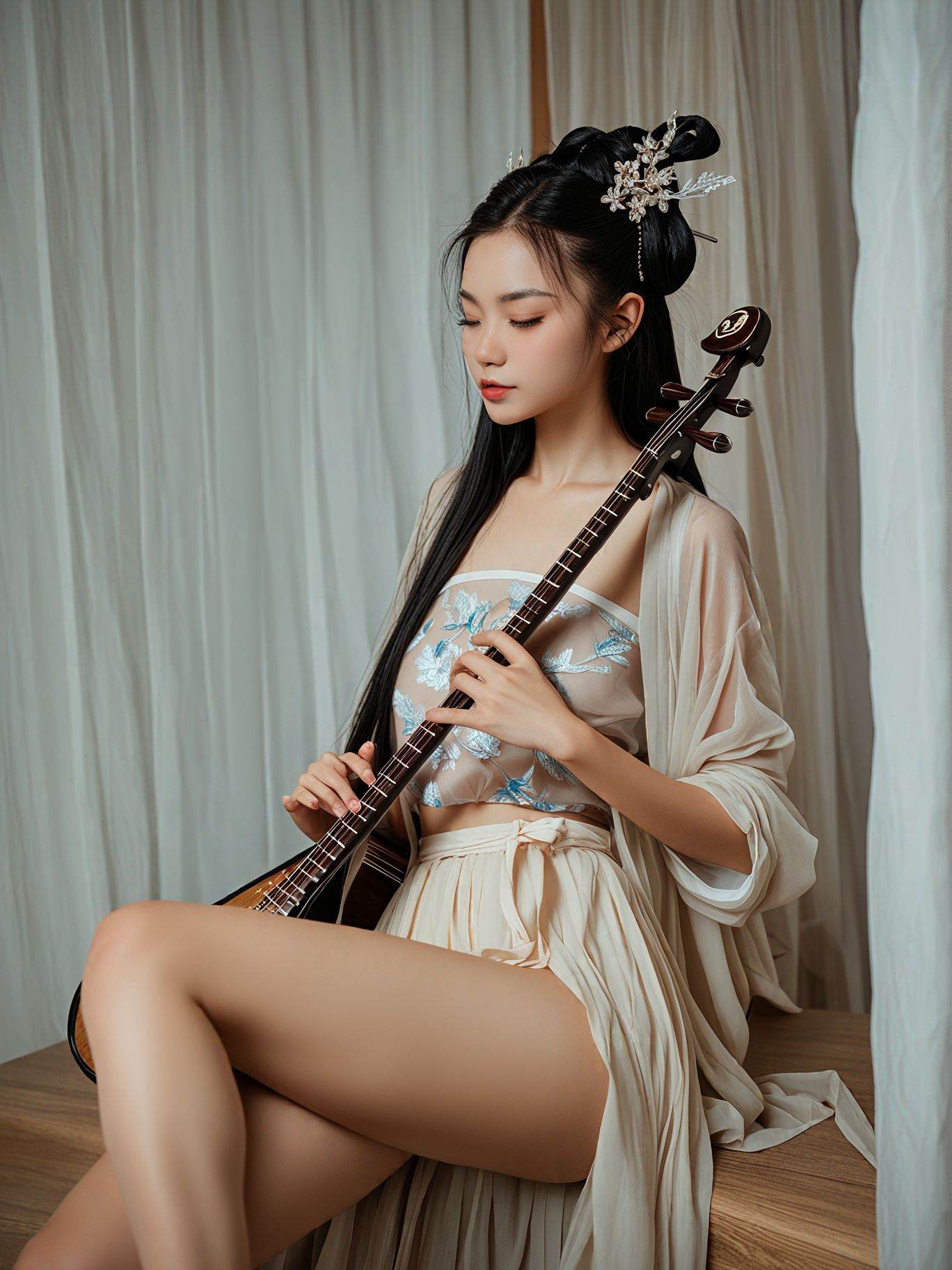 score_9,score_8_up,score_7_up,score_6_up,score_5_up,score_4_up,hanfu, hanfudatuyouhua, 1girl, instrument, solo, black hair, long hair, realistic, hair ornament, indoors, see-through, bare legs, skirt, lute (instrument)