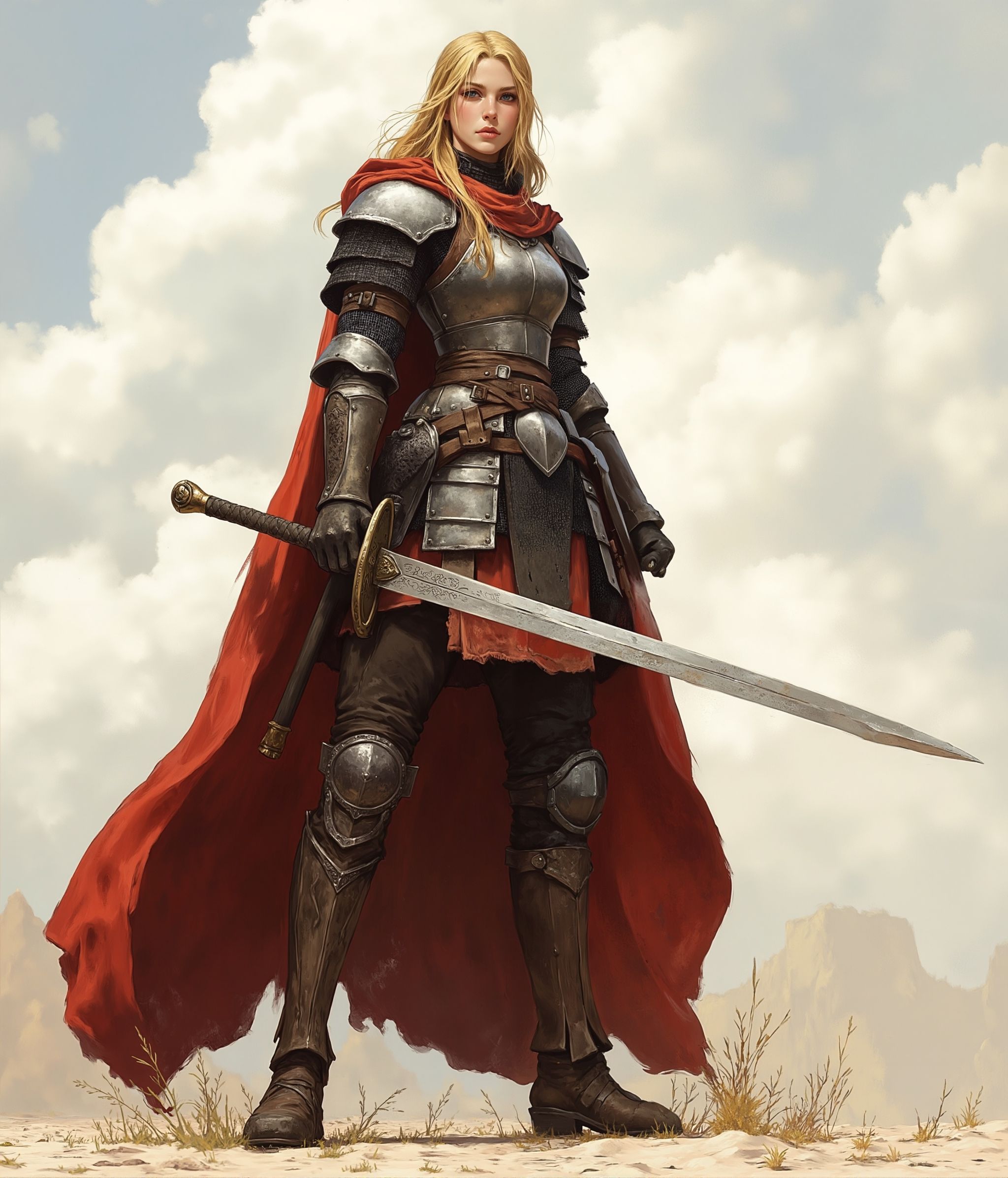 concept art a woman in simple armor holding a sword and a red cape blonde hair . digital artwork,  illustrative,  painterl...