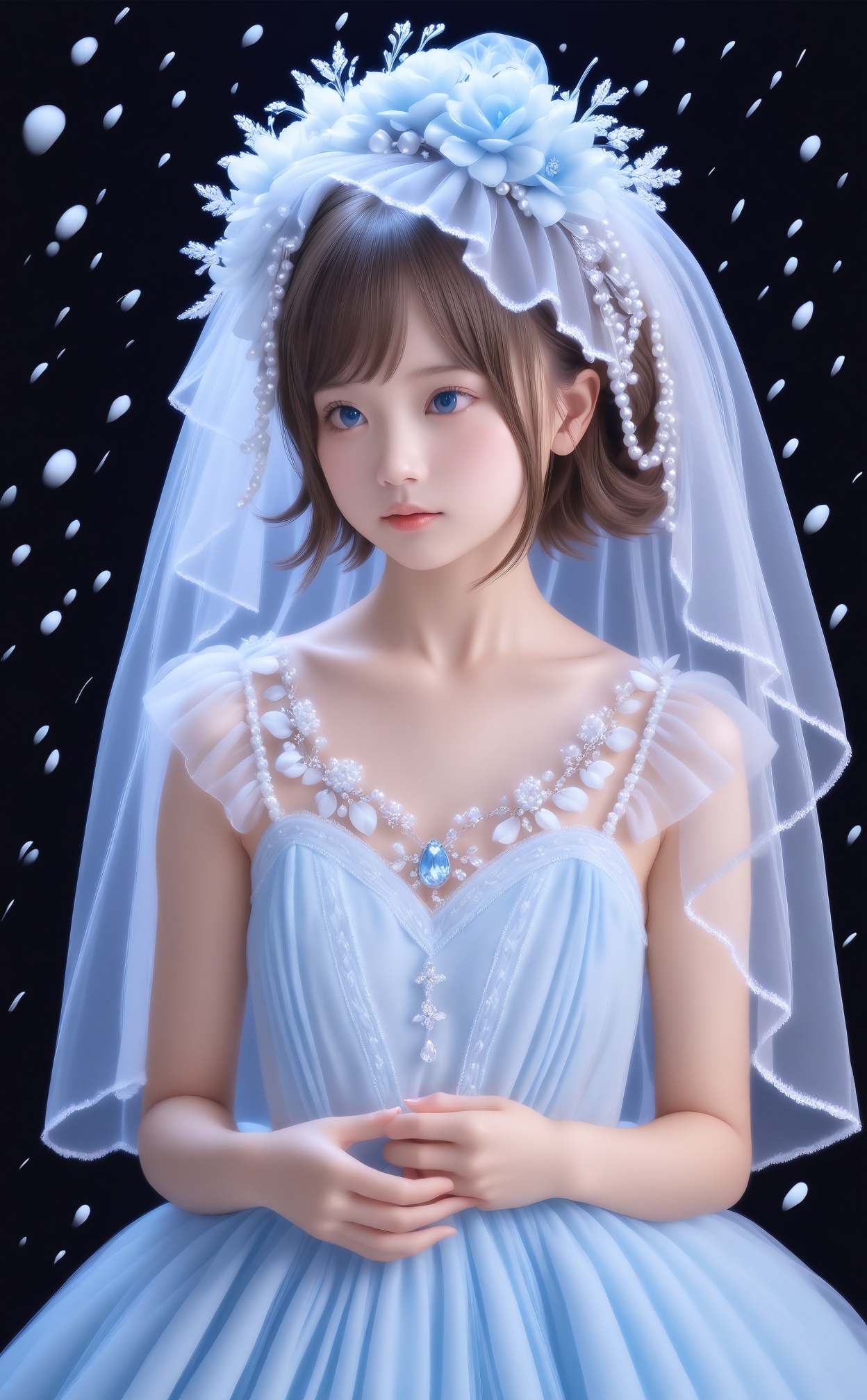 masterpiece,best quality,1girl,veil,solo,blue eyes,brown hair,black background,bridal veil,dress,realistic,upper body,snowing,see-through,blue dress,lips,short hair,collarbone,bride,closed mouth,jewelry,pearl \(gemstone\),snow,hair ornament,flower,