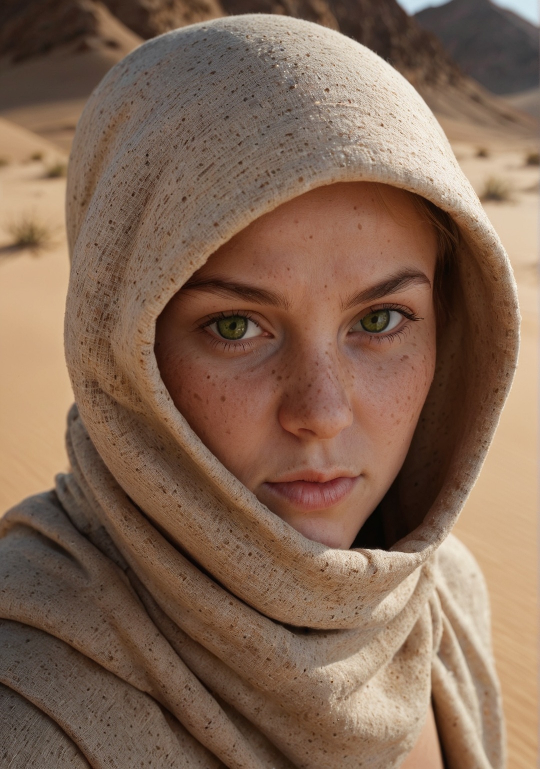 close-up portrait of a mysterious traveler in a desert,  intense green eyes visible through a brown headscarf and hood,  c...