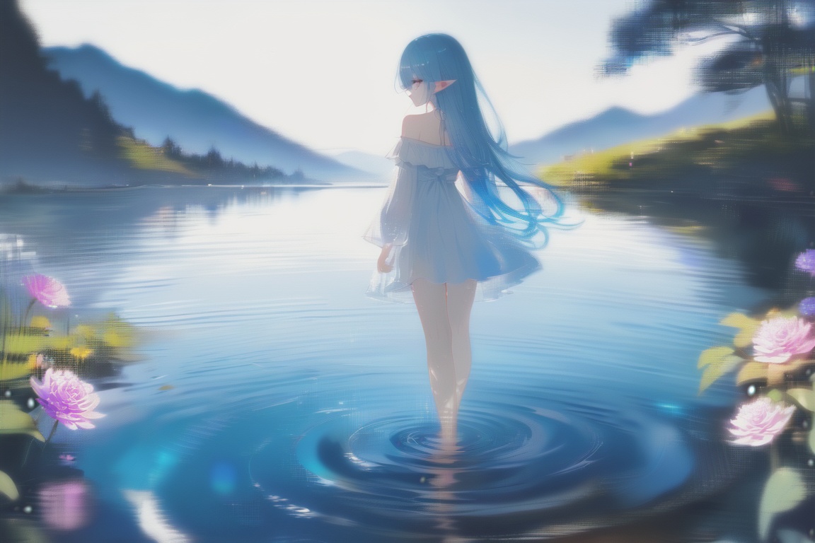 (masterpiece),(best quality),illustration,ultra detailed,hdr,depth of field,(colorful),[artist:wlop],[[artist:sheya]],artist:hiten_(hitenkei),absurdres,4K,extreme detail,panorama,high viewing angle,flower sea plain,colorful flower sea,breeze,a clear stream,shallow stream,mountains in the distance,blue sky shining on the water,rich environmental detailsA girl,blue hair,straight long hair,blue eyes,clear and bright eyes,slender figure,elf earsWearing a white simple dress,off the shoulder,bare_legs,barefoot,Walking in streams,treading water,head_down,light movements, <lora:Ayuli2424PDXL32v0.92tx1:0 <lora:Ayuli2424PDXL32v0.92tx1:0.12>