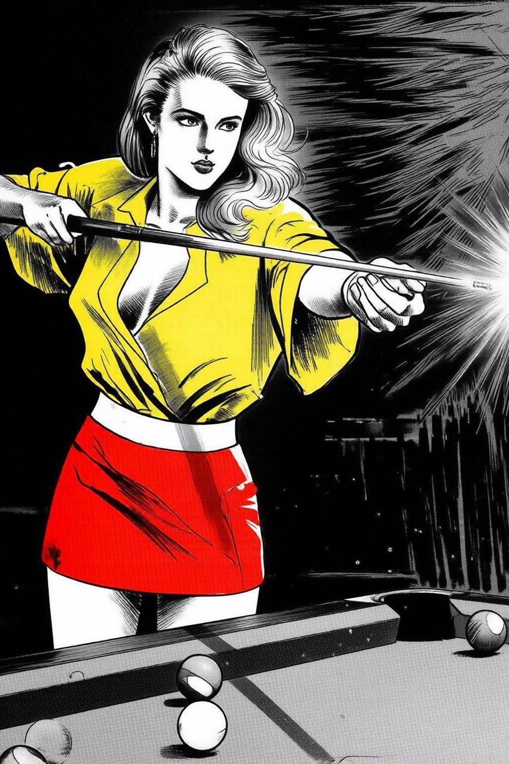 ryoichiikegami2q illustration. Black and white drawing.a blonde female pool hustle shooting pool. She wears a very short r...