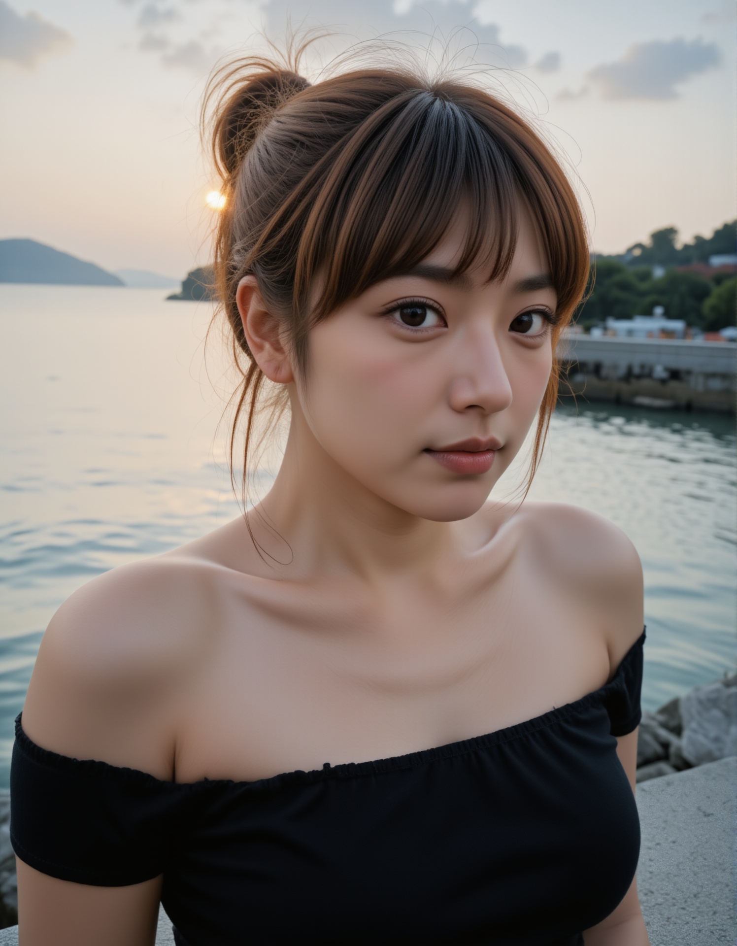 A young woman with fair skin and a slender physique stands by the edge of a body of water,  possibly a lake or sea,  durin...