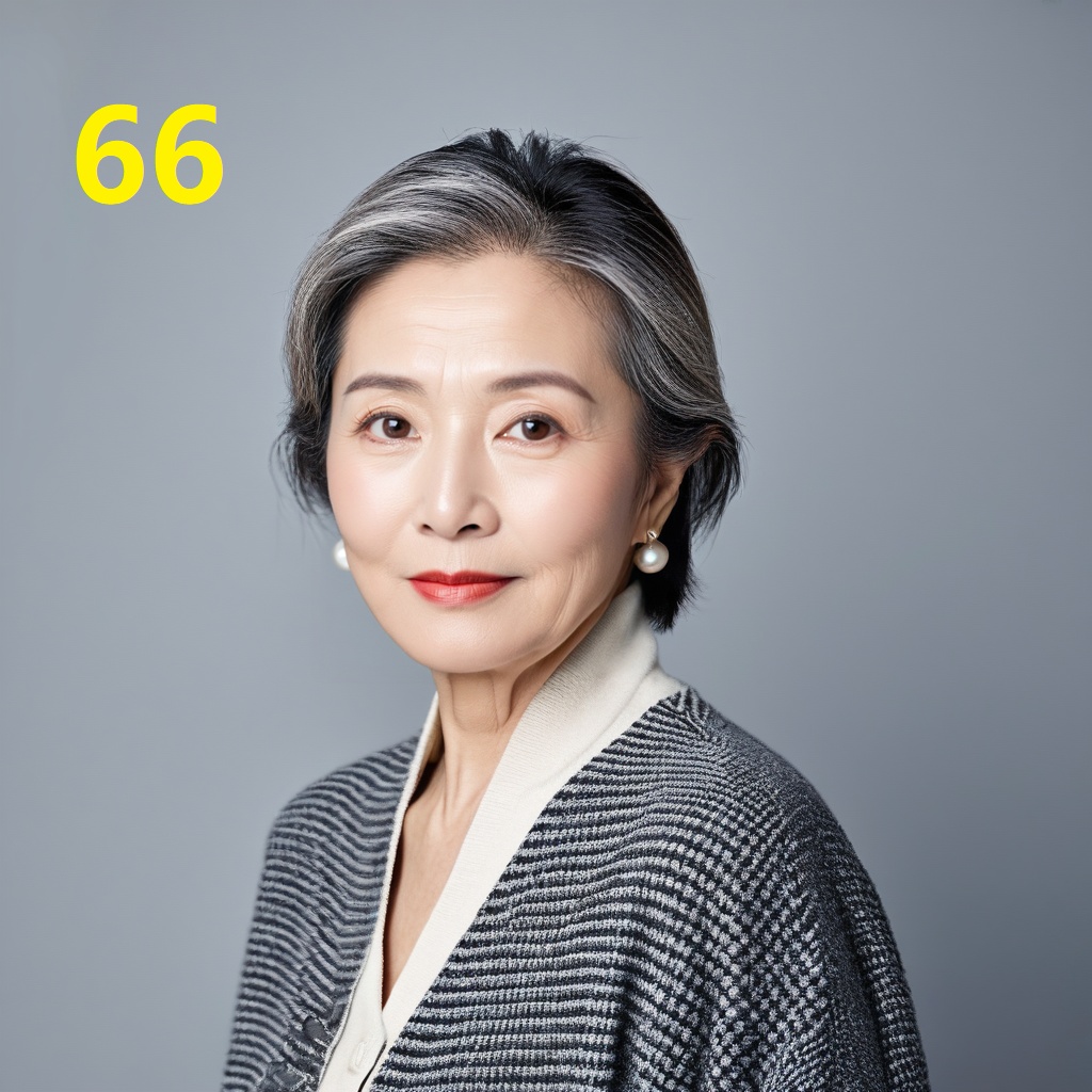 leogirl,A 66-year-old woman,portrait photo,facial focus,photo taken,fashionable and simple,Chinese ethnicity,soft gray background,natural lighting,high-resolution clarity,contemporary portrait,gentle,fashionable and avant-garde,simple accessories,details with strong contrast between skin color and neutral background,looking at the audience,
