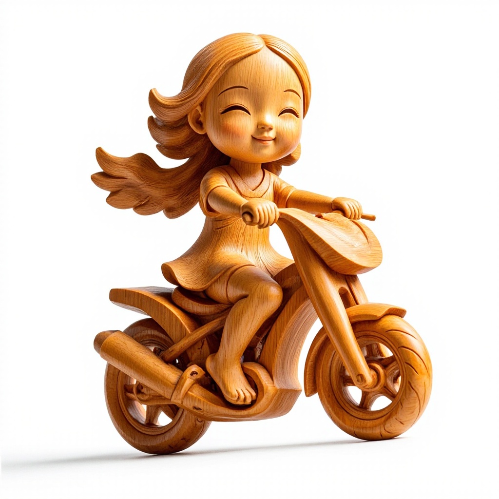 mudiao,  a wood little girl riding a motorcycle,  white background on Tensor.Art