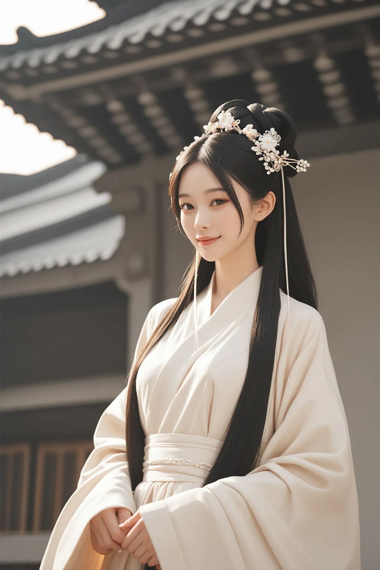 score_9,score_8_up,score_7_up,score_6_up,score_5_up,score_4_up,close-up,upper body,1girl,light smile,hanfu,wide sleeves,long sleeves,sleeves past fingers,hair ornament,long hair,Ancient architecture,