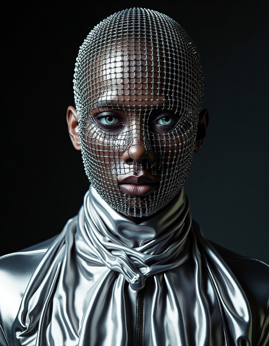 Studio_Punkji,  The image is a close-up portrait of a person's face and upper body. The person is wearing a futuristic-loo...