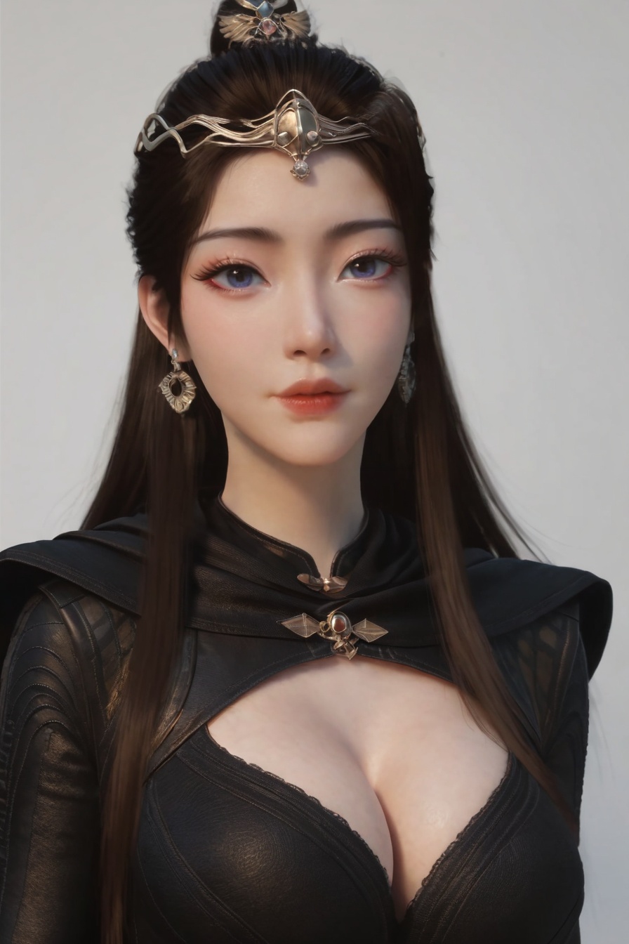 score_9,score_8_up,score_7_up,incredibly absurdres,<lora:SF_YuanYaoBlackClothes_Pony-000004:0.7>,1girl,solo,black dress,large breasts,lips,jewelry,earring,long hair,looking at viewer,white background,